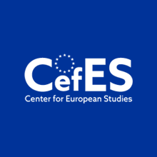 White CefES logo on blue background